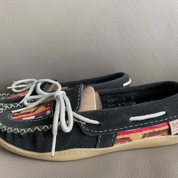 Laurentian Chief moccasin slippers L7 suede leather black aztec inspired - Picture 13 of 16